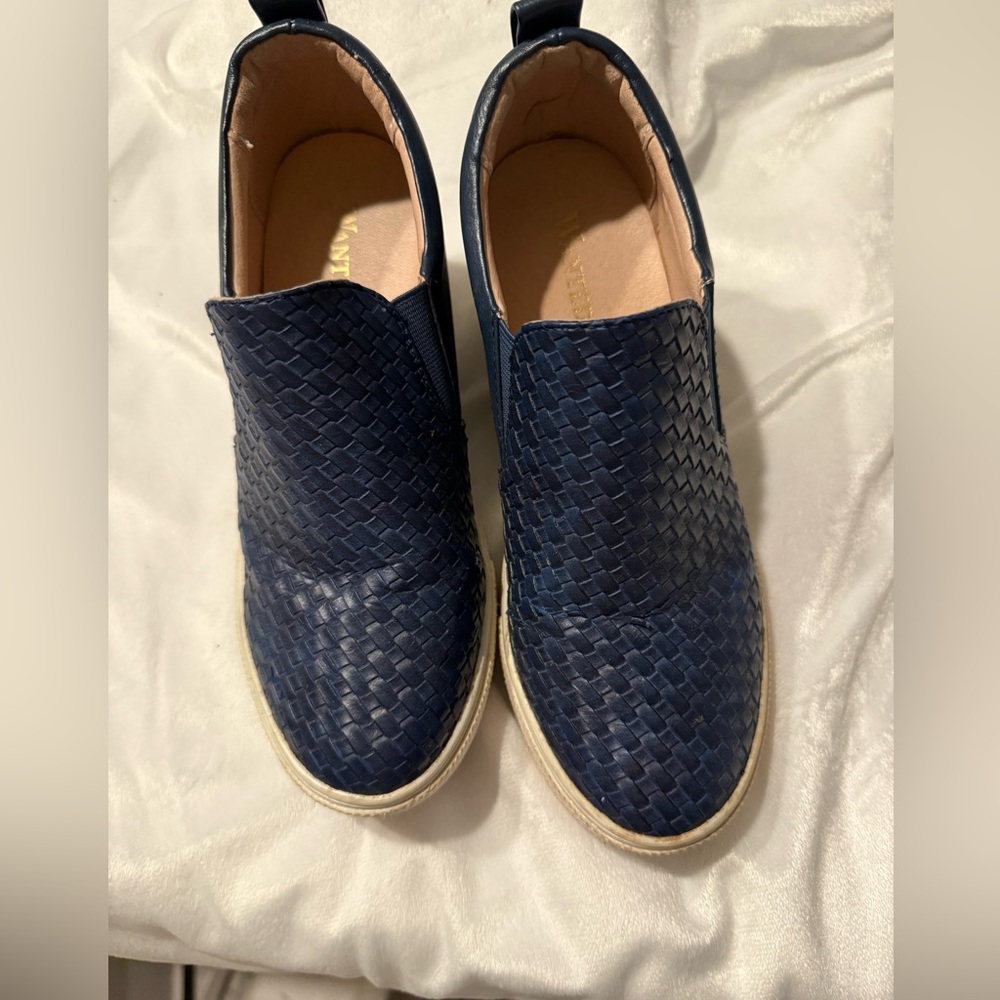 Blue Woven Slip-On Wedge Sneakers